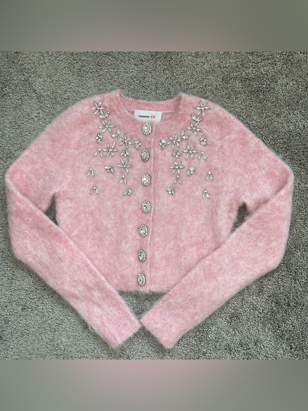H&M Pink Fuzzy Jeweled Cropped Cardigan